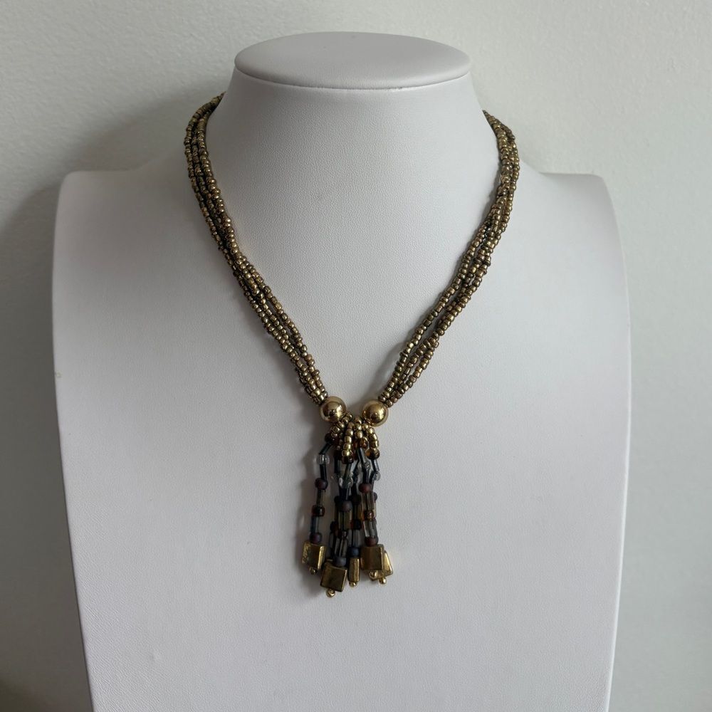 Gold Multi-Strand Beaded Necklace with Tassel Pendant